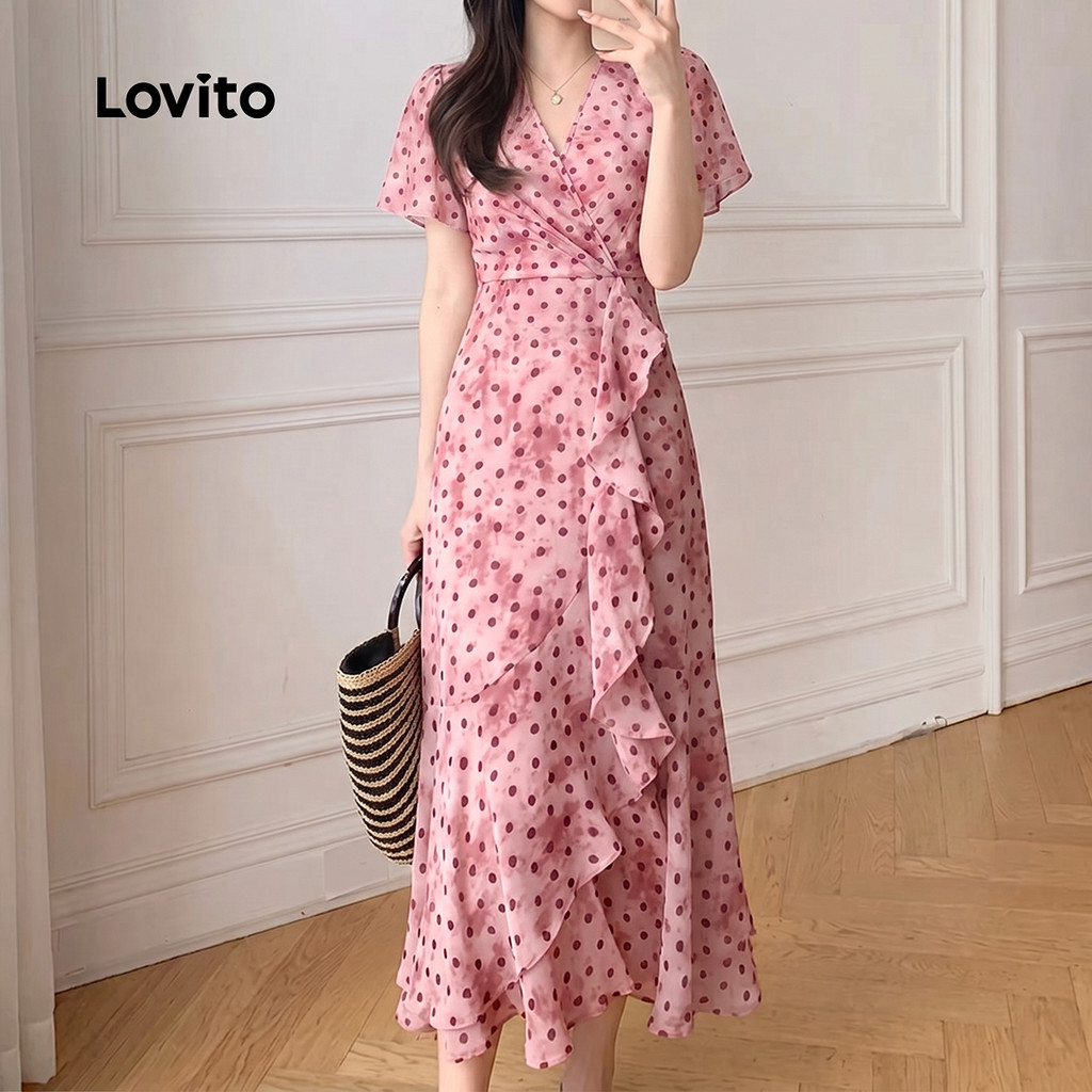 Lovito Vestido Elegante com Babado e Zíper Assimétrico Rosa Primavera/verão para mulheres DRK9P1D1011 · foto 2
