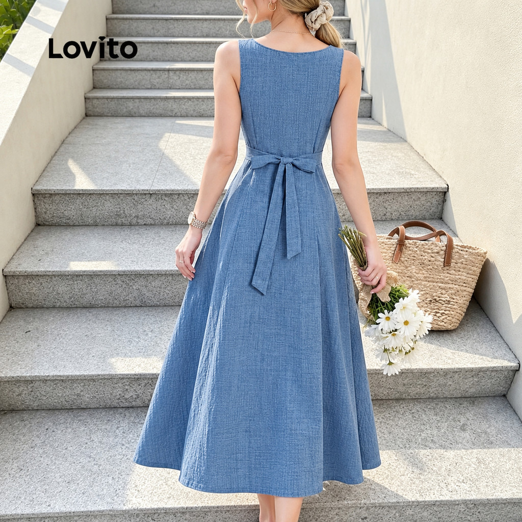 Lovito Vestido Azul Feminino e Fenda e Acabamento em Babado para primavera/verão LK7ED1409 · foto 2