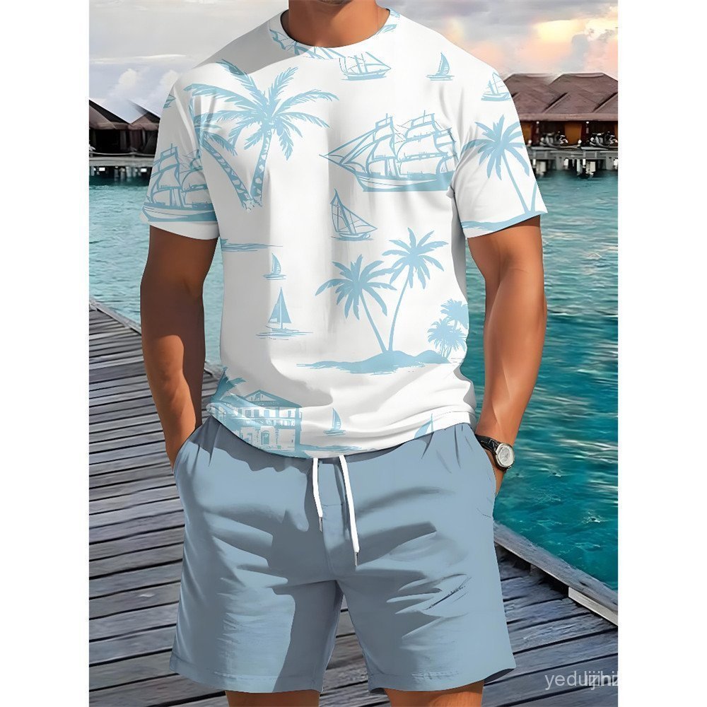 Conjunto casual masculino para o verão de 2026, composto por camiseta de manga curta e shorts estampados, com estampa ha
