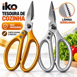 Tesoura de Cozinha Multiuso em Aço Inoxidável com Lâmina Serrilhada – Dourada ou Prata