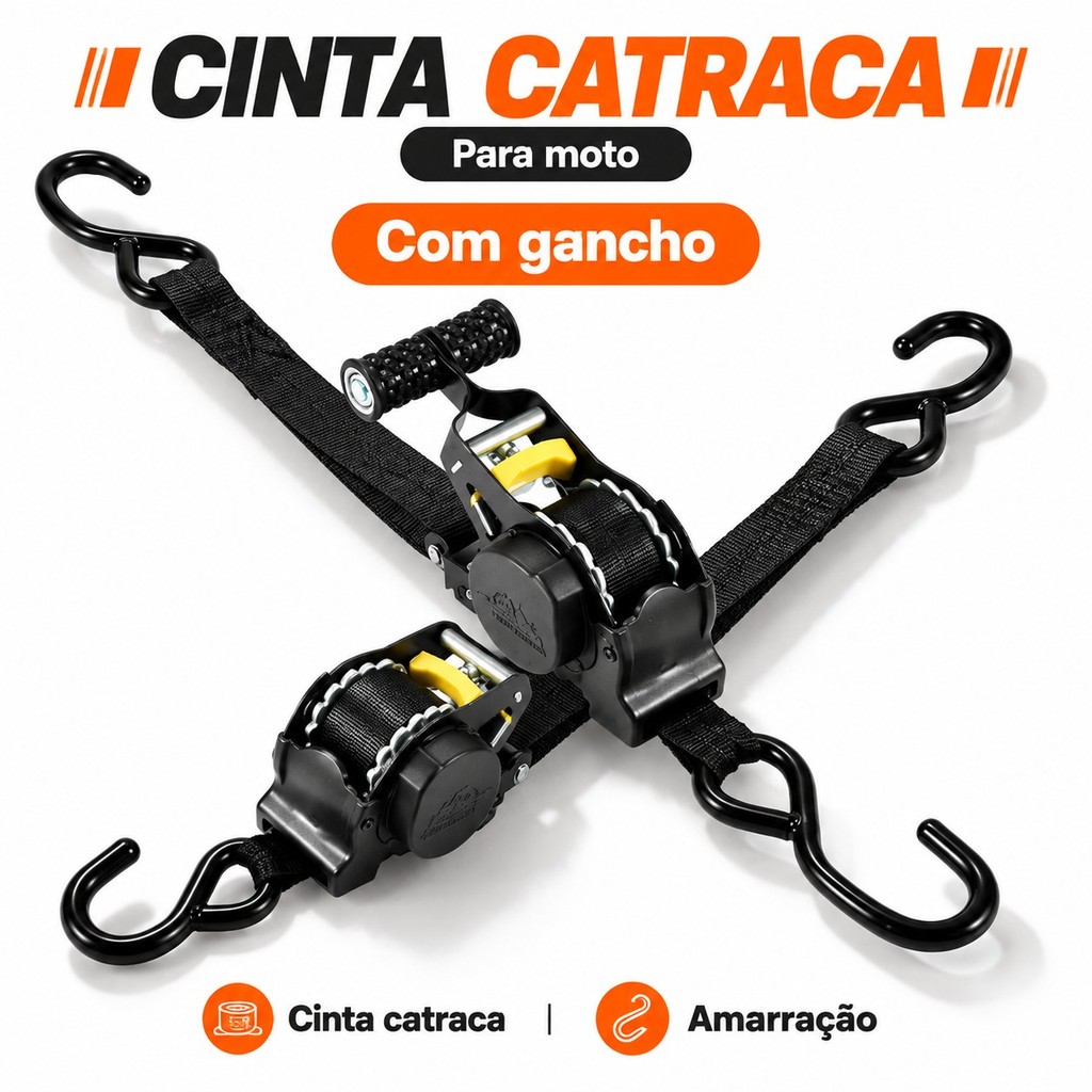 Kit 2 Cintas Catraca 800kg com Gancho para Amarracao de Carga em Motos Bagagens Viagens e Transporte Uso Externo