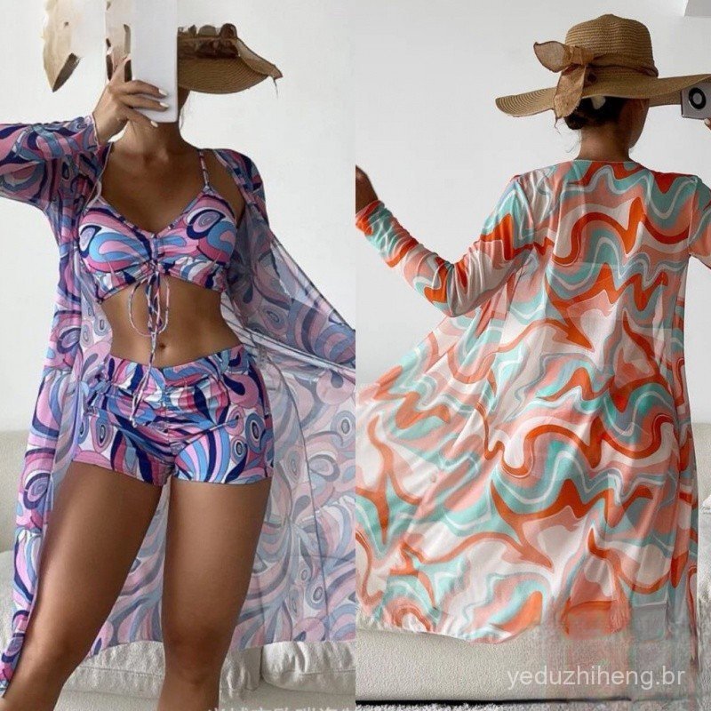 Joyjoy Conjunto de 3 peças, biquíni de praia com cintura alta e mangas compridas, estilo europeu e americano, com cordão