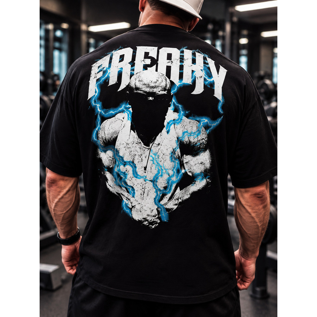 Camiseta Oversized Masculina Streetwear Academia Manga Curta Estampada Costas Estilo Maromba Bodybuilding Freaky