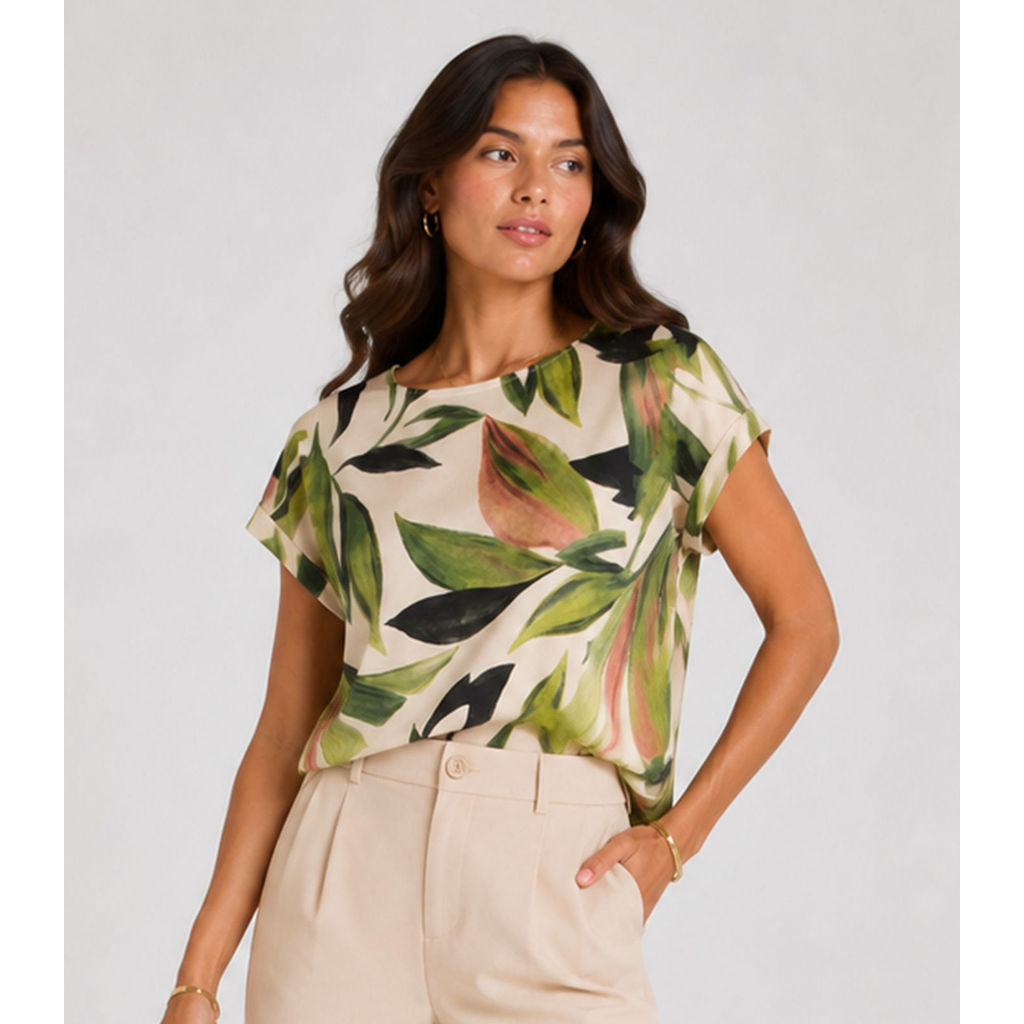 Blusa Feminina Manga Curta Estampada Infinita Cor Bege