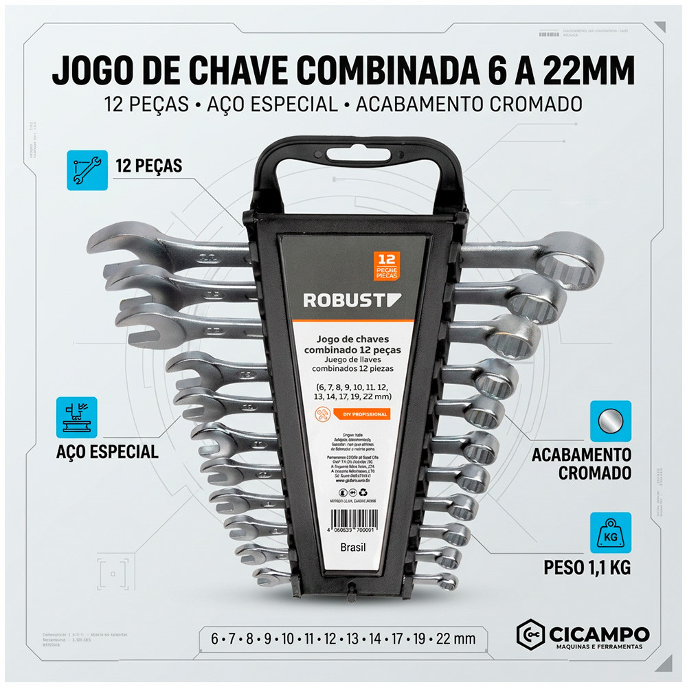 Jogo de Chave Combinada 6 a 22mm com 12 Peças Robust 3370080 · foto 2