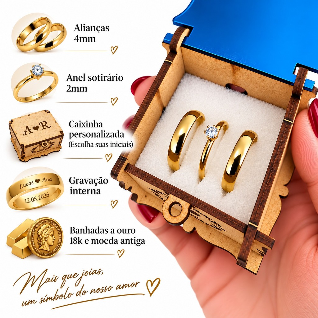 Par de Alianças 4mm banhadas a Ouro 18K e moeda antiga + Gravação + Anel solitário + Caixinha iniciais