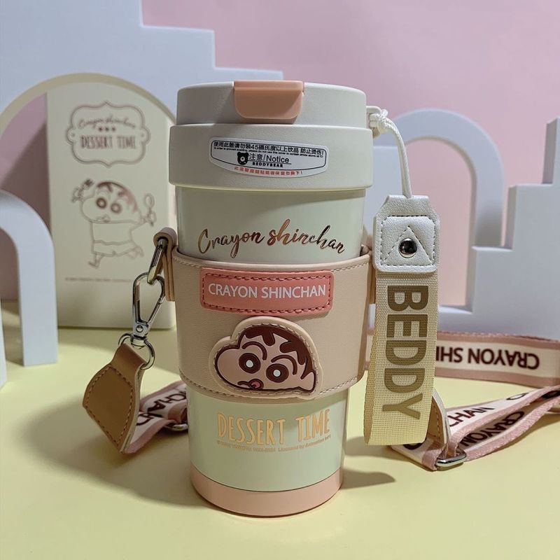 [Copo urso] lápis de pó dourado Shin-Chan copo térmico copo de palha forro de cerâmica copo de café portátil copo de car