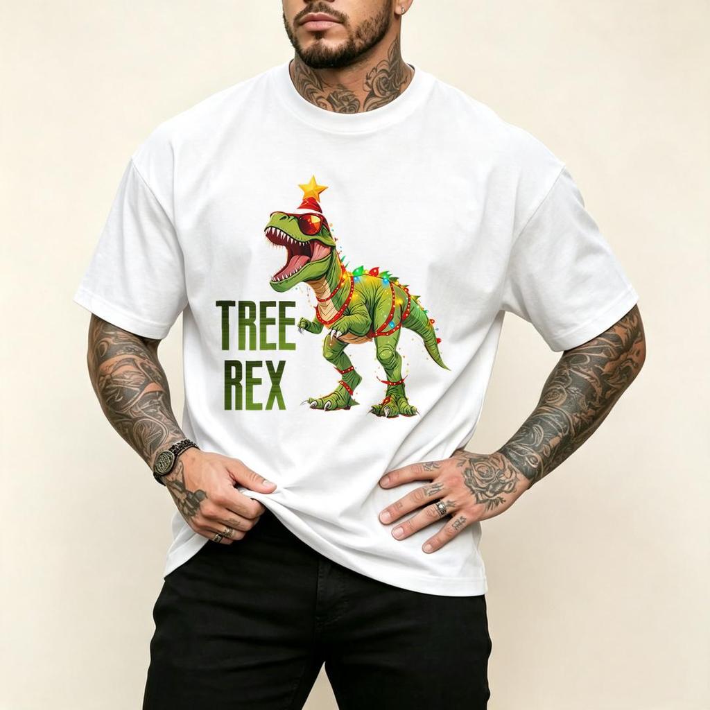 De algodão Casual/Engraçado, Camiseta Masculina, Dinossauro T-Rex Decorado de Árvore de Natal com Texto Tree Rex, Verão/
