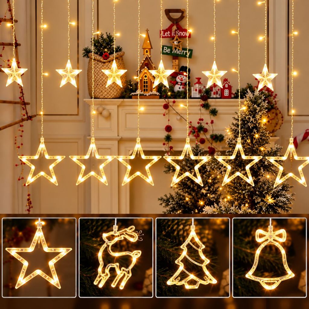 Pisca-Pisca Cascata Estrelas 120 LEDs 3m Luzes Natalina 8 Funções Branco Quente 220V Natal