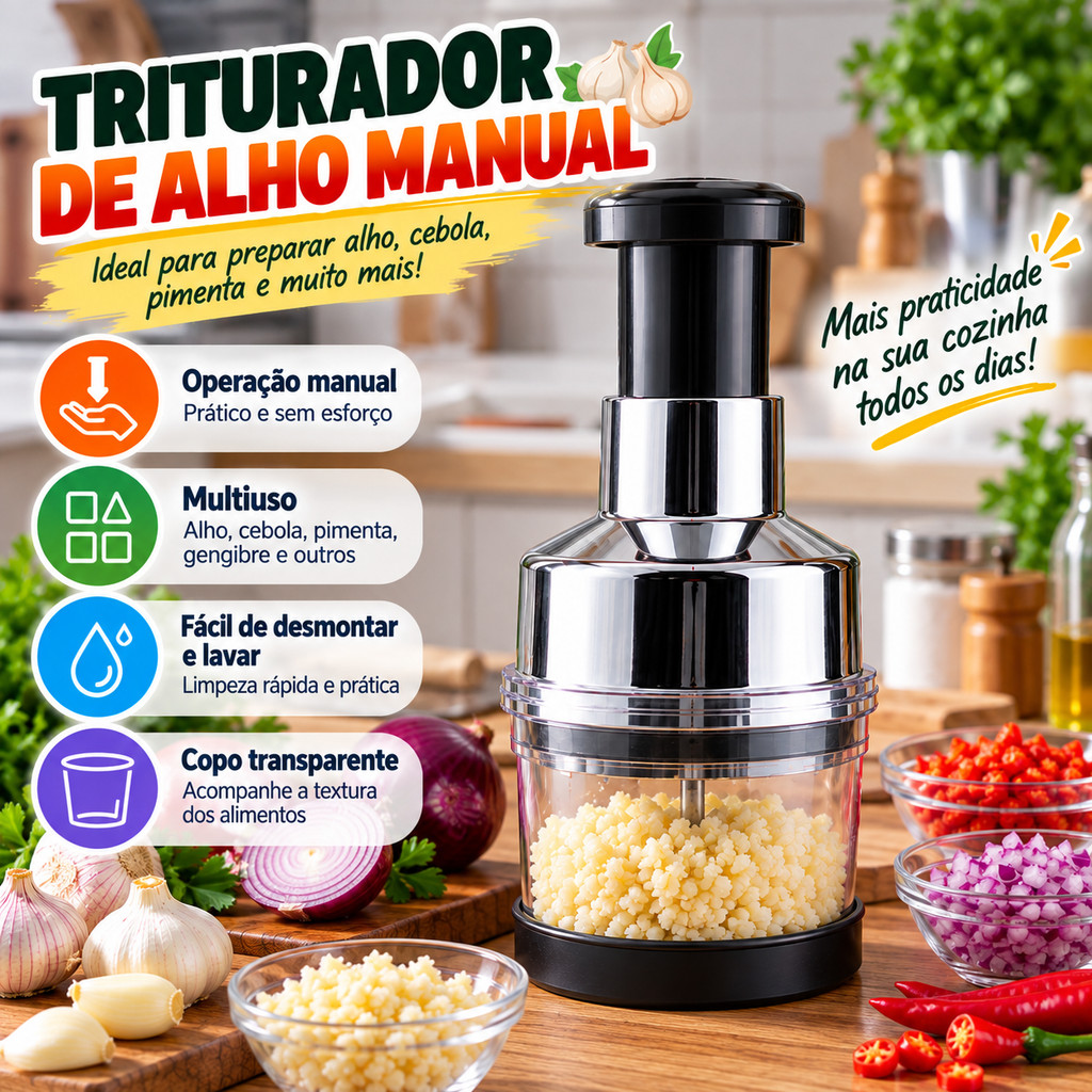 Triturador Manual Picador de Alimentos com 3 Lâminas Portátil e Prático para Alho Cebola e Legumes Casa Alho Triturador