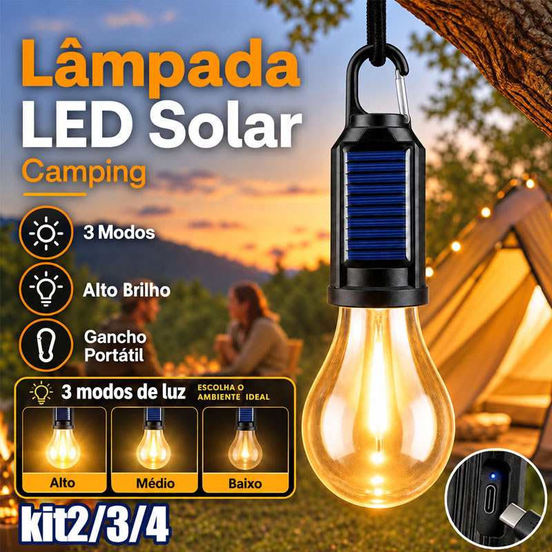 Lâmpada LED Solar Portátil Camping Lâmpada Led Solar De Gancho Portátil Camping Viagem Pesca Preto