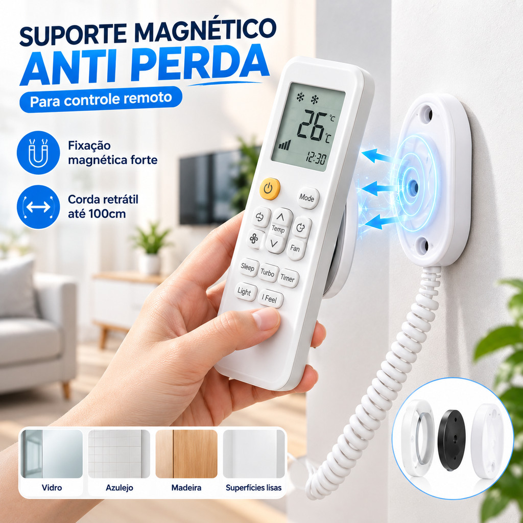 Suporte Magnético para Controle Remoto, Sem Furo, Retrátil com Corda Elástica até 70cm, Anti Perda, Fixação na Parede