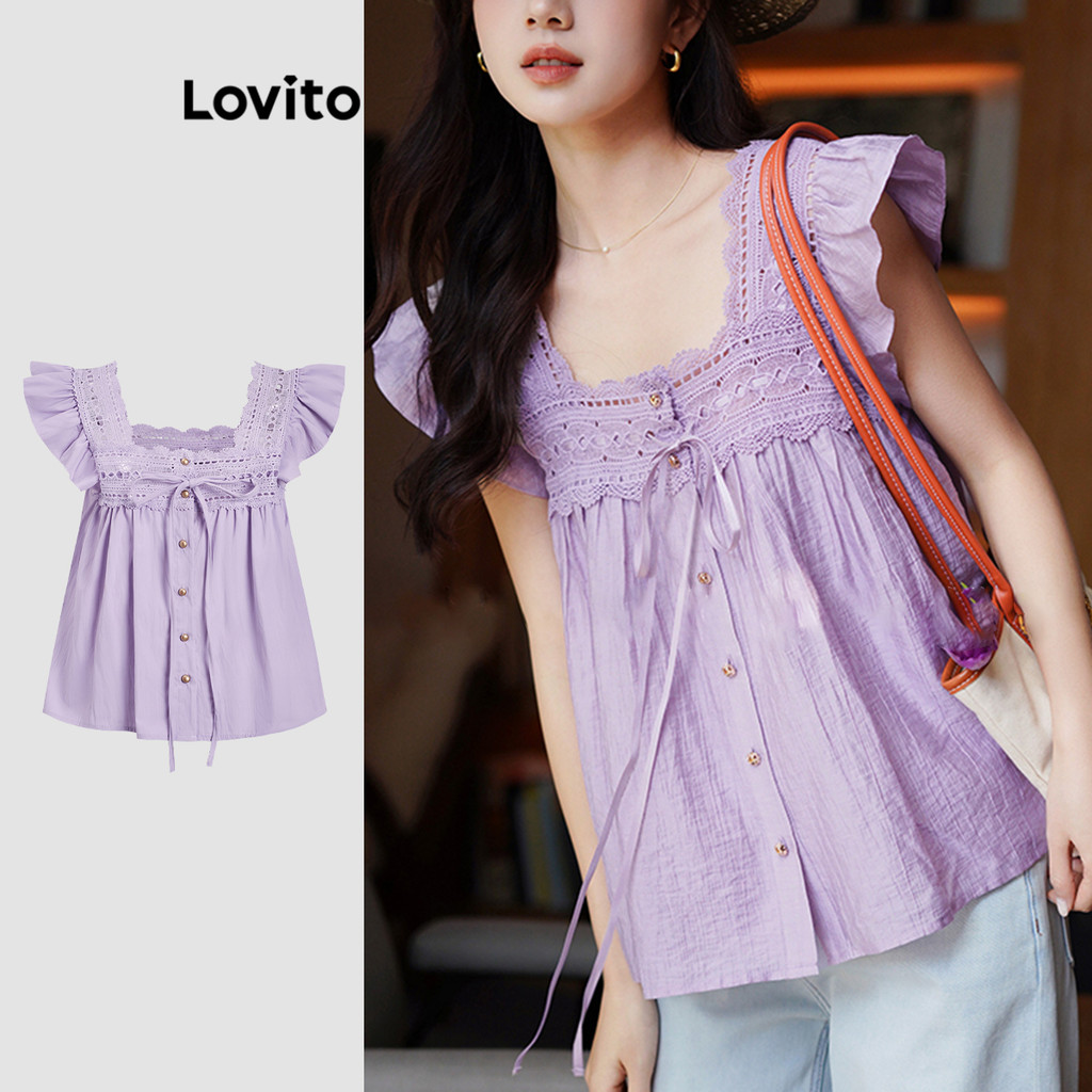 Blusa Feminina Lovito Férias Primavera/Verão com Babados e Gola Contrastante Estilo L121MD622