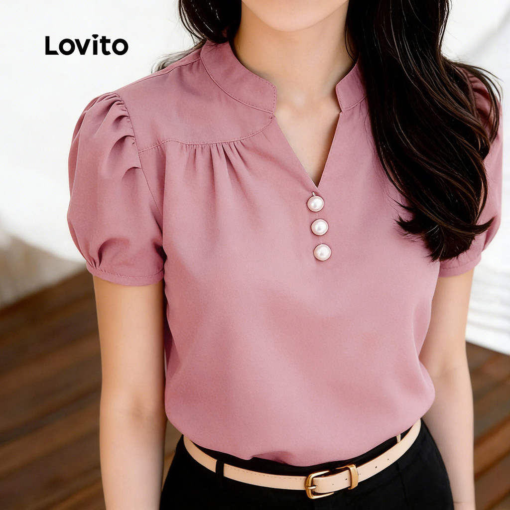 Lovito Elegante Blusa Feminina Rosa Plissada Primavera/Verão LK5ED456 · foto 2