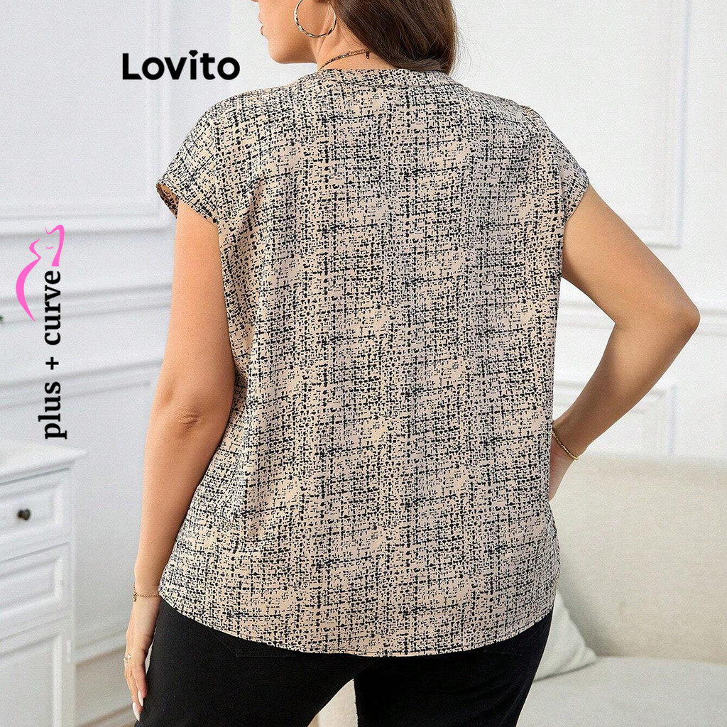 (Casual) Lovito Blusa Curva Plus Size Blusa Com Estampa Geométrica Para Mulheres LBL20211