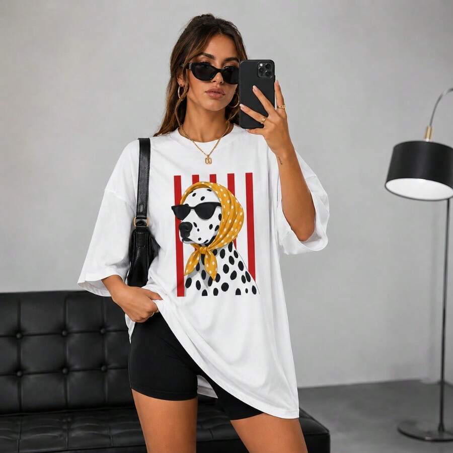 Camiseta Oversized Feminina Estampada Dalmatas Dog Fashion Dalamatian Print  Blusão Premium Streetwear Algodão Casual