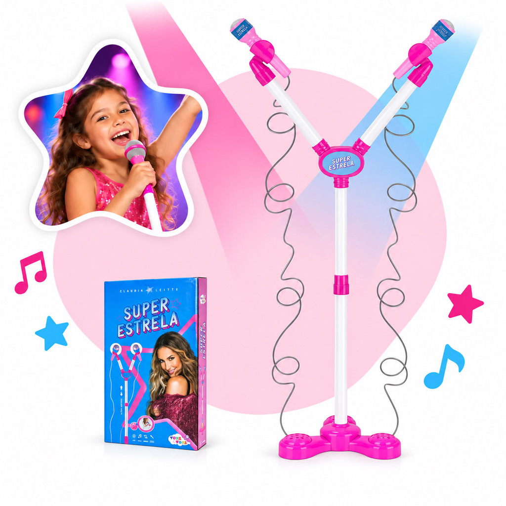 Microfone Infantil Duplo com Pedestal Karaokê Altura Ajustável Luzes Efeitos Sonoros Rosa Menina Kizumba