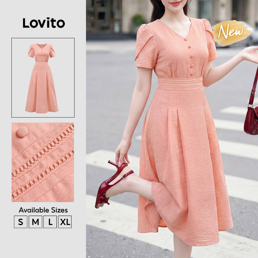Lovito Vestido Feminino Laranja Casual com Renda Botão e Pregas Longas Primavera Verão Férias e Traje de Trabalho DRB39BR052