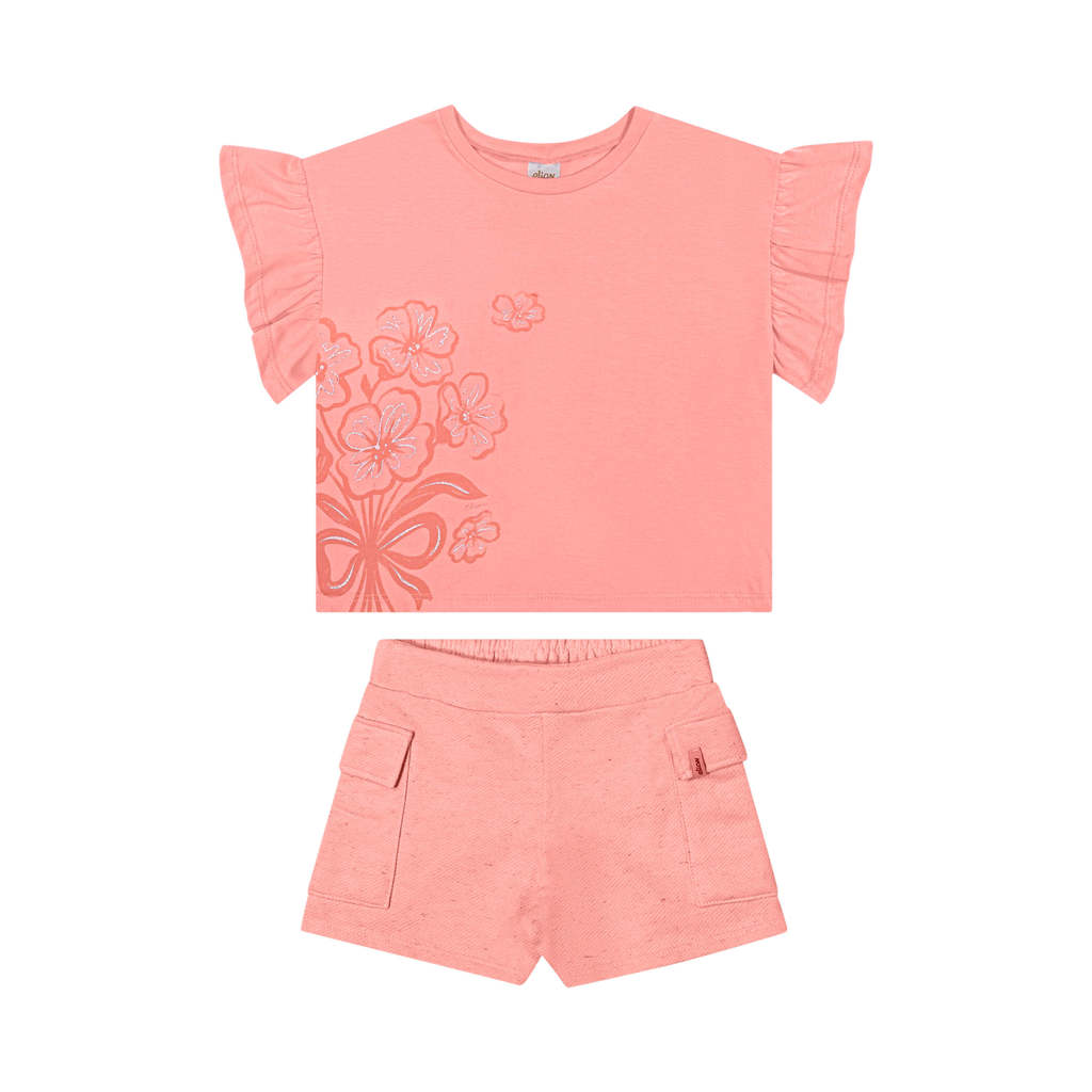 Conjunto Infantil Menina Flores Brilho Elian Rosa