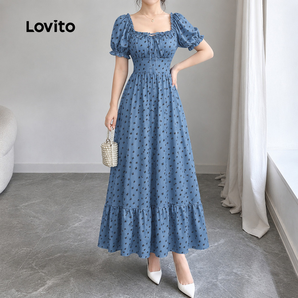 Lovito Vestido Feminino Azul com Micro Floral Babado e Amarração Modelo Longo A Primavera Verão Traje de Trabalho DRK10P1D493 — imagem 2 de 2