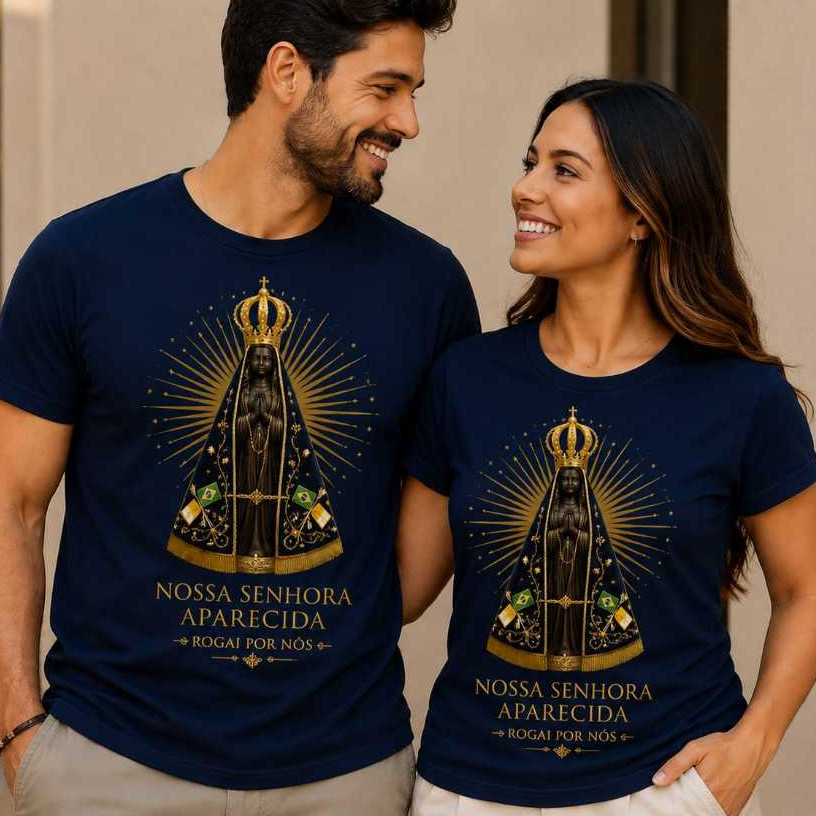 Kit Camiseta Básica Casal Nossa Senhora Aparecida Unissex Confortável Blusa Algodão Lançamento