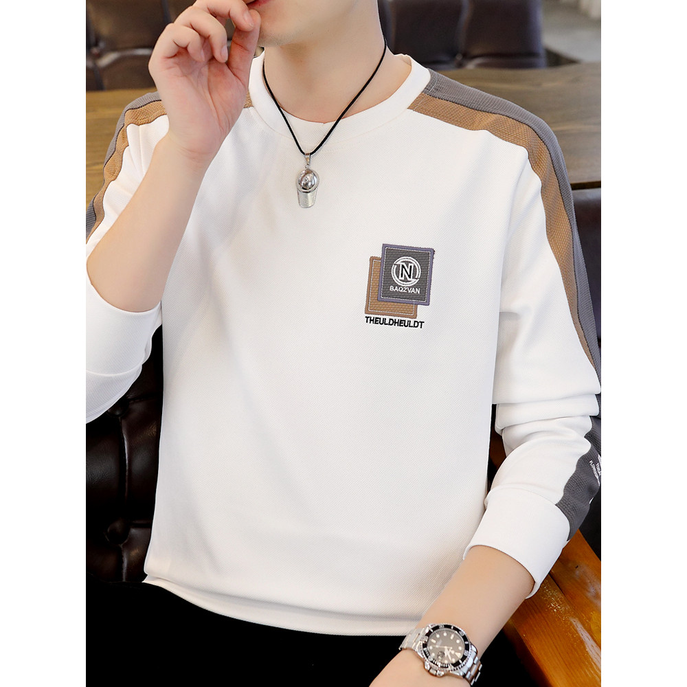 Camiseta de manga comprida masculina primavera outono americano Street Wear Casual moletom ins costura Design contraste 