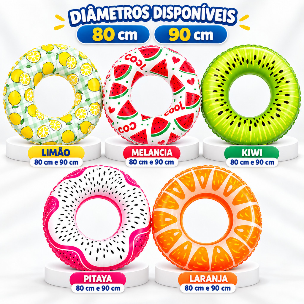 Boias Vários Modelo Frutas Melancia, Limão, Pitaia, Kiwi, Limão Siciliano e Laranja Inflável Piscina Verão