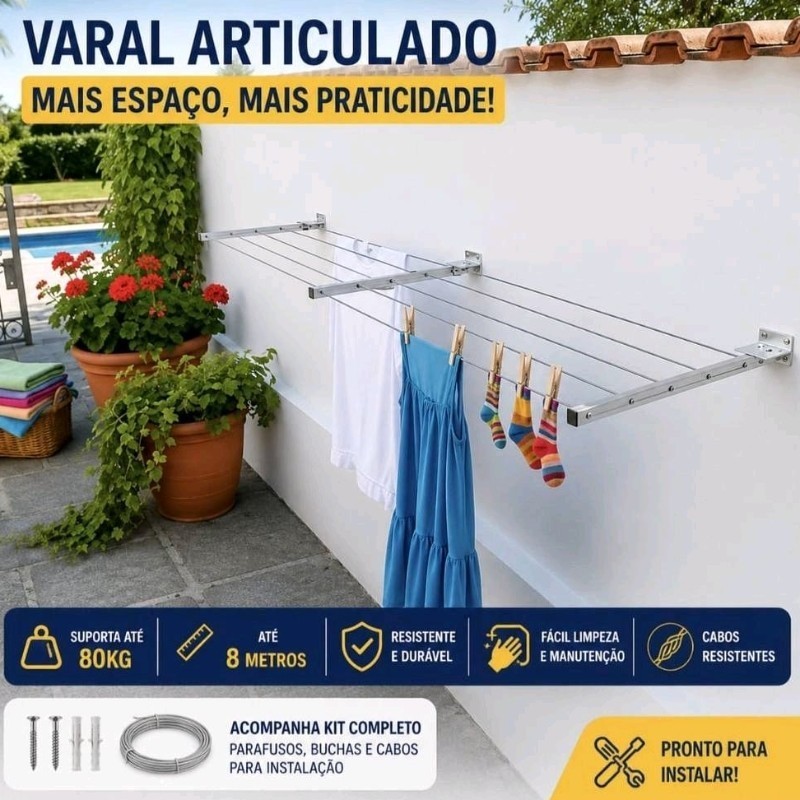 Varal de Parede Retrátil Dobrável – 3 Hastes | Até 8 Metros de Extensão, Reforçado Suporta até 80kg