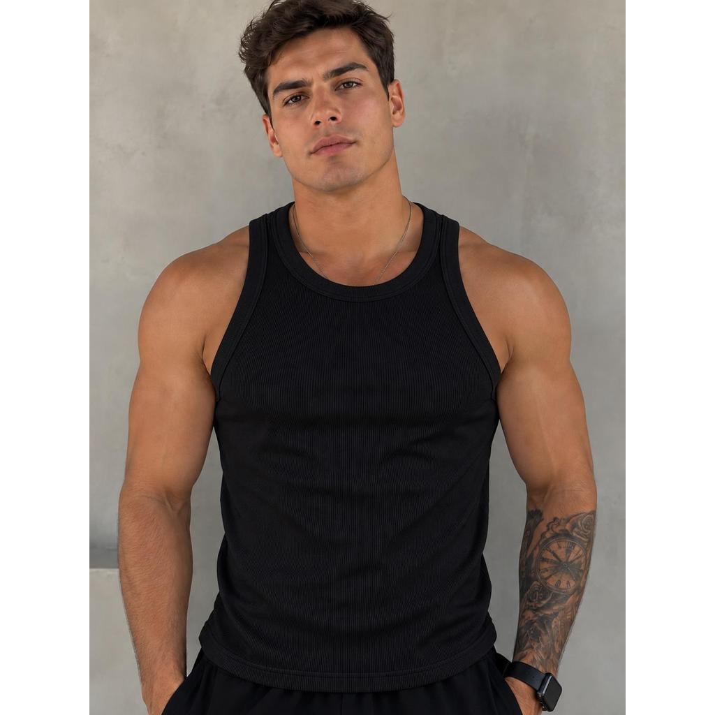Regata Masculina Canelada Ribana Slim de Algodão com Elastano, Camiseta Sem Manga Confortável e Ajustada para Academia
