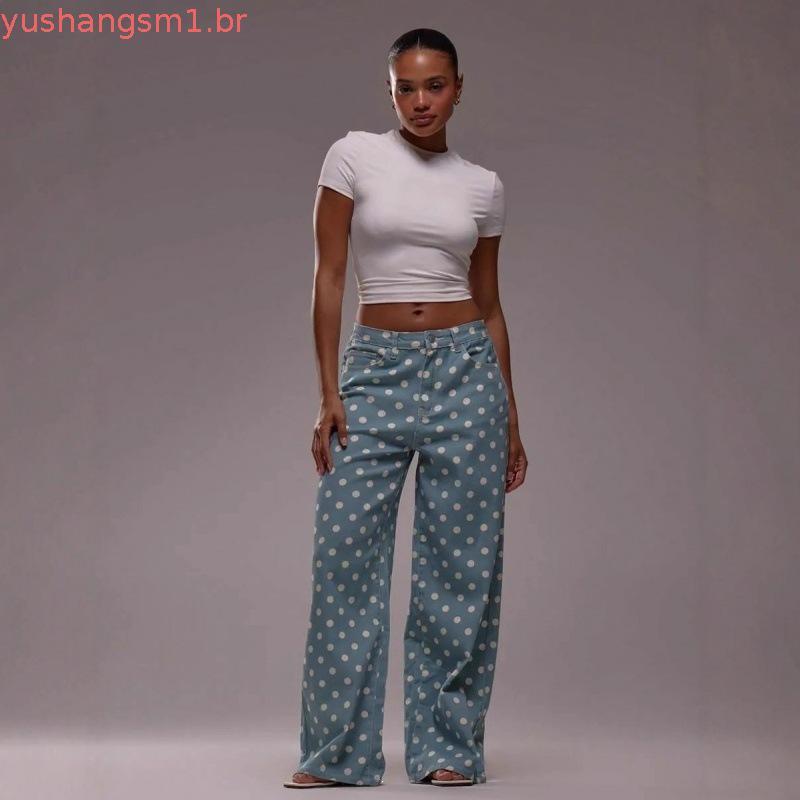 Calça Jeans Feminina Solta E Casual Com Bolinhas , Cintura Média , Não Elástica
