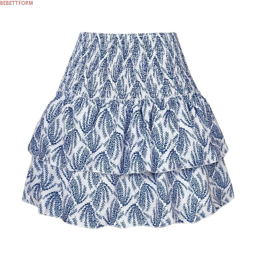 BEBETTFORM Saia Curta Plissada , Cintura Alta , Primavera Verão Feminina , Mini Floral Com Babados , Feminino E4KE
