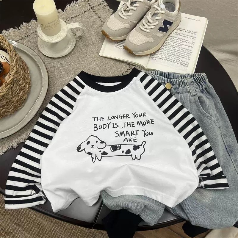 Camiseta infantil de algodão puro de manga comprida 2025 meninos primavera outono estilo ocidental listrado médio pequen