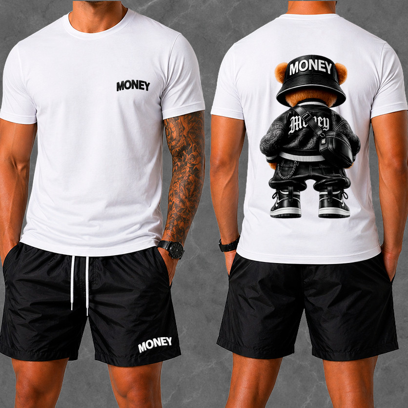Kit Masculino Streetwear Camiseta Urso Money + Bermuda Praia EV7 T-shirts Conjunto Masculino Lançamento