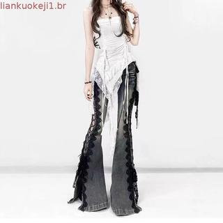 Calças Jeans Femininas de Cintura Baixa com Renda, Estilo Dark Academia Goblin Core Harajuku Y2K, Calças Flare Abi Denim