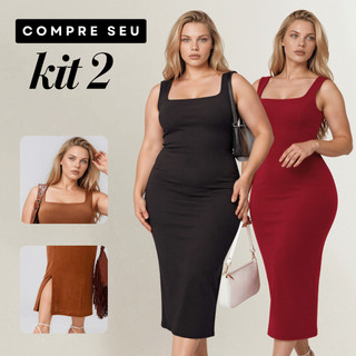 Kit 2 Vestido Longo Alça Grossa Festa Fenda Lateral Elegante Casual