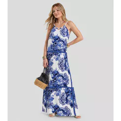 Vestido Longo Feminino em Tecido Estampado Dianna Azul