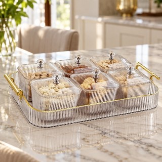 Porta Petiscos 6 Potes com Tampa | Bandeja Organizadora com 6 Compartimentos | Petisqueira para Doces e Aperitivos