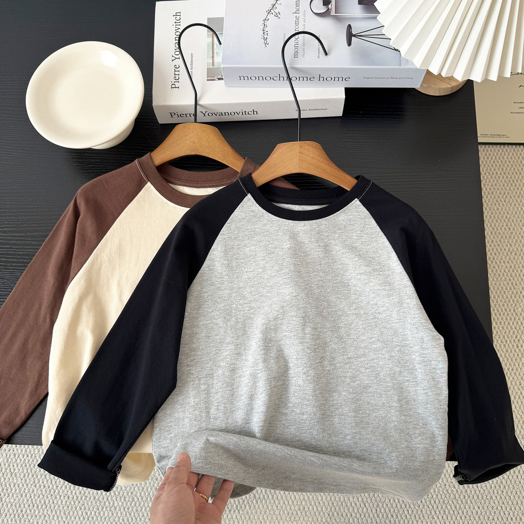 Crianças puro algodão de manga comprida camiseta meninos simples em torno do pescoço camisa de fundo médio grande crianç