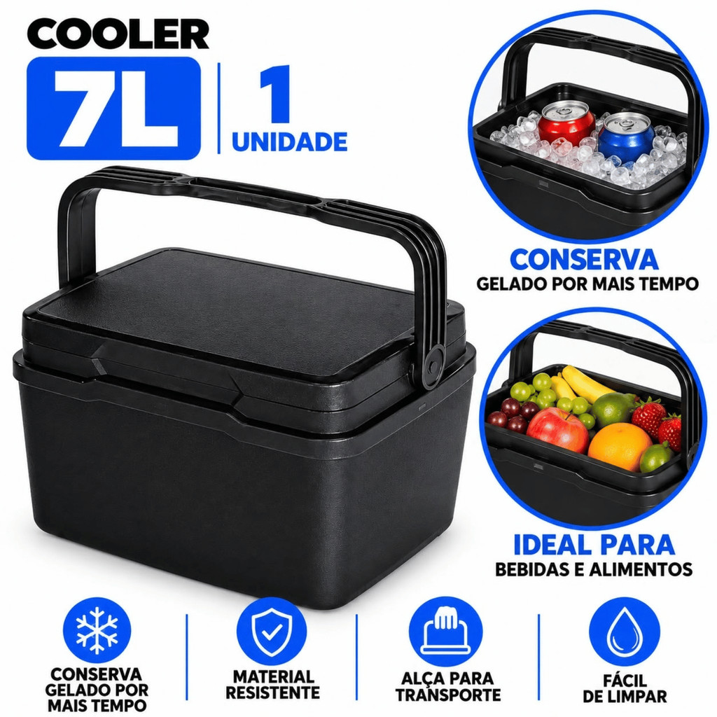 Caixa Térmica Cooler 7 Litros Preta com Alça para Bebidas e Alimentos