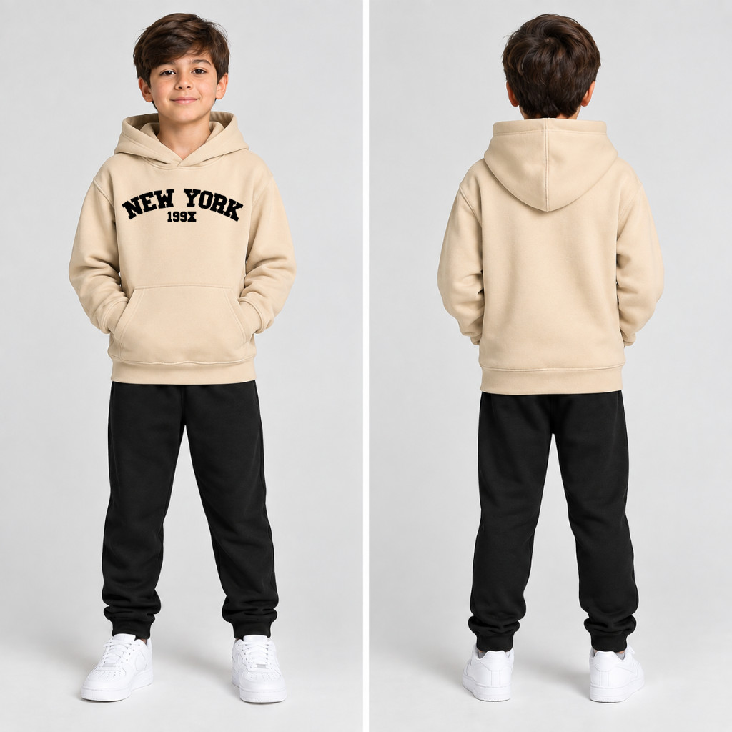 Conjunto Moletom Estampado Infantil New York Masculino e Feminino Algodão Peluciado Blusa Com Capuz