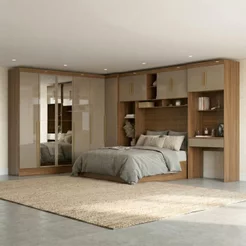Guarda Roupa Casal Modulado 5 Peças 12 Portas com Espelho, Cabeceira e Escrivaninha 100% MDF Smart C Cinamomo/Capuccino