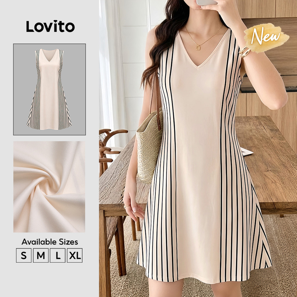 (New Arrival) Lovito Vestido Feminino Boho Curto De Corte Reto E Com Padrão Listrado Para Primavera/verão Fins De Semana Uso Casual E Férias DRB40BR145