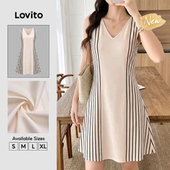 (New Arrival) Lovito Vestido Feminino Boho Curto De Corte Reto E Com Padrão Listrado Para Primavera/verão Fins De Semana Uso Casual E Férias DRB40BR145