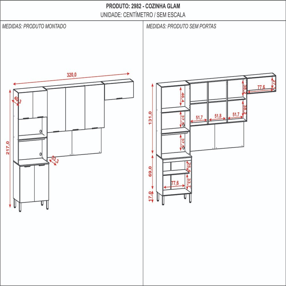 Cozinha Completa Modulada 5 Peças 10 Portas 3 Gavetas com Tampo e Painel Ripado Central Glam Bege/Freijó/Vanilla/Cp · foto 2