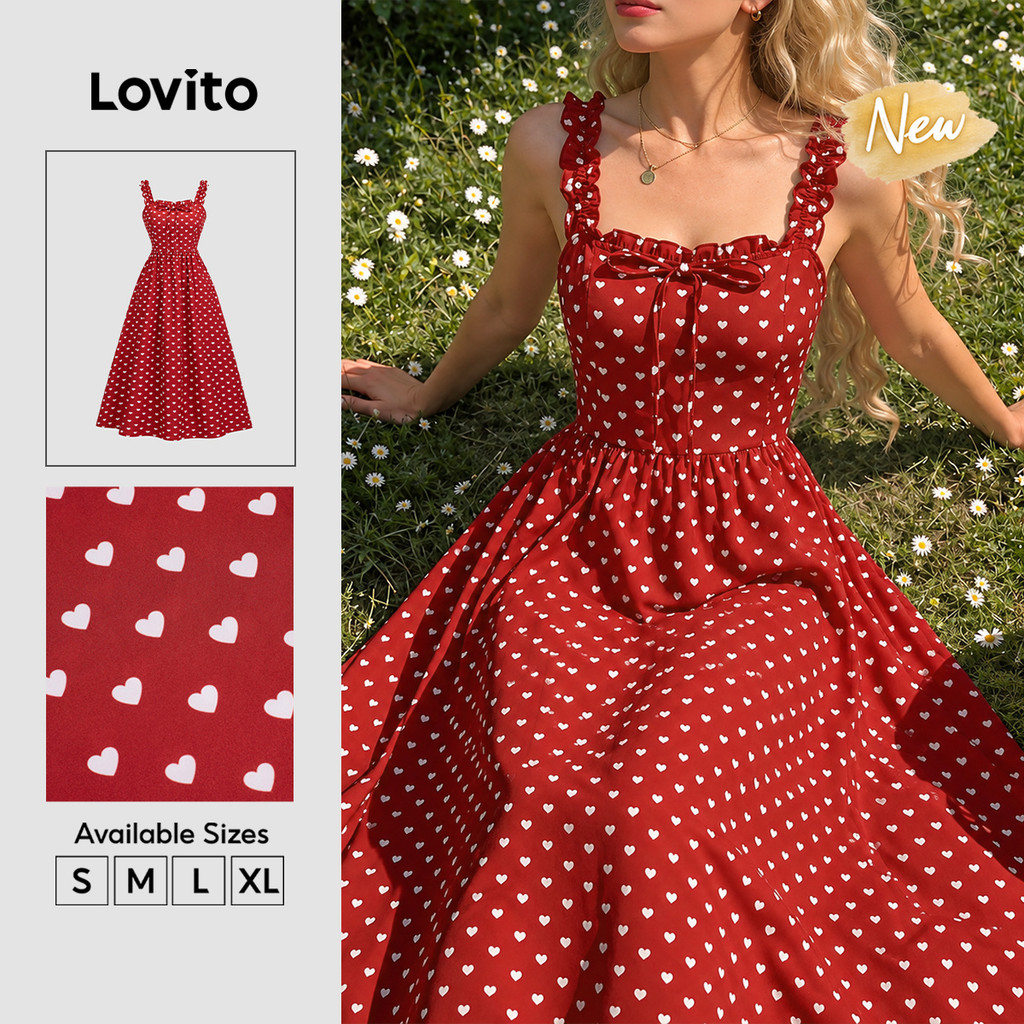 (New Arrival) Lovito Vestido Longo Boho Com Estampa De Bolinhas Vermelhas Babados Amarração Em Formato De Coração E Zíper Para Fins De Semana E Férias Para Mulheres DRB40BR135