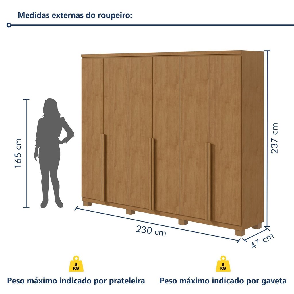 Guarda-Roupa Casal 6 Portas 4 Gavetas com Pés MDF 230cm Alonzo Amêndoa Clean Amêndoa Clean · foto 2