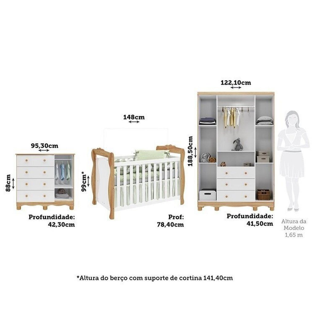 Quarto de Bebê Completo Berço 3 em 1, Cômoda, Guarda Roupa MDF Aurora Espresso Móveis Branco/Amêndoa Branco · foto 2