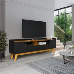 Rack para TV até 70 Polegadas MDF 180cm Pés em Madeira Maciça 2 Portas 1 Gaveta 2 Nichos Decor Preto Preto