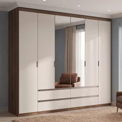 Guarda Roupa Casal com Espelho 100% MDF 6 Portas 4 Gavetas 230 x 250cm Nobre Yescasa Off White/Rustic Rustic/Off White
