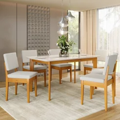 Conjunto Sala de Jantar Siera 6 Lugares Retangular Madeira Maciça Miami Marrom/Cerejeira/Nevoa Cerejeira Névoa